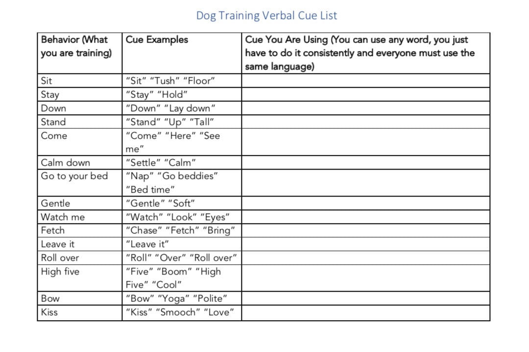 dog training cue list resource download